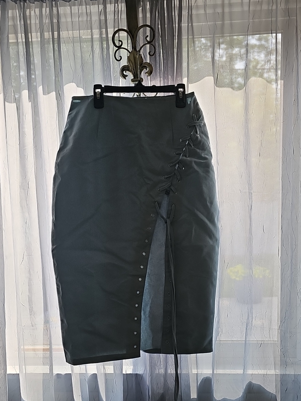Sleek Light Jean Lace-Up Midi Skirt.